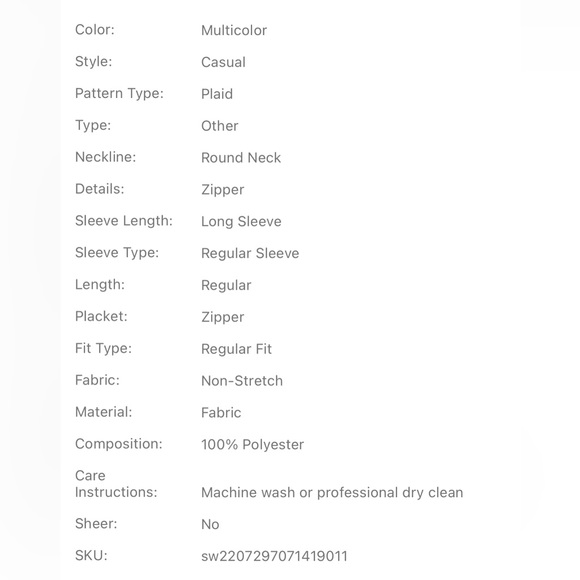 SHEIN Plaid print zip up jacket size Medium New without tags. - Picture 9 of 9